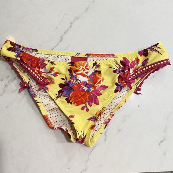 Vintage Betsey Johnson Yellow Gypsy Rose Lace Swim Bikini Bottom Y2K Coquette - Picture 1 of 8